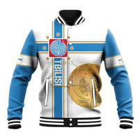 Baseball jacket with white and blue panels, Georgia flag graphic and gold badge on front