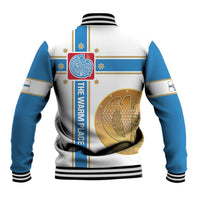 Back of baseball jacket, white and blue stripes with flag text and gold eagle-style badge