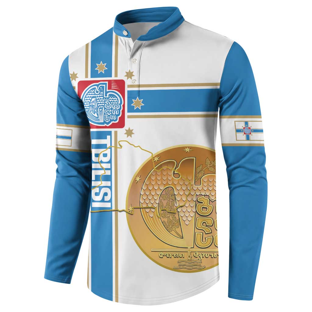 Men's button sweatshirt with white body and blue sleeves; flag-style emblem print front