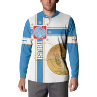 Men's button sweatshirt worn by model; white and blue flag-style emblem and bird print