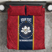 Red bed linen set with two matching pillows and blue state emblem panel in center