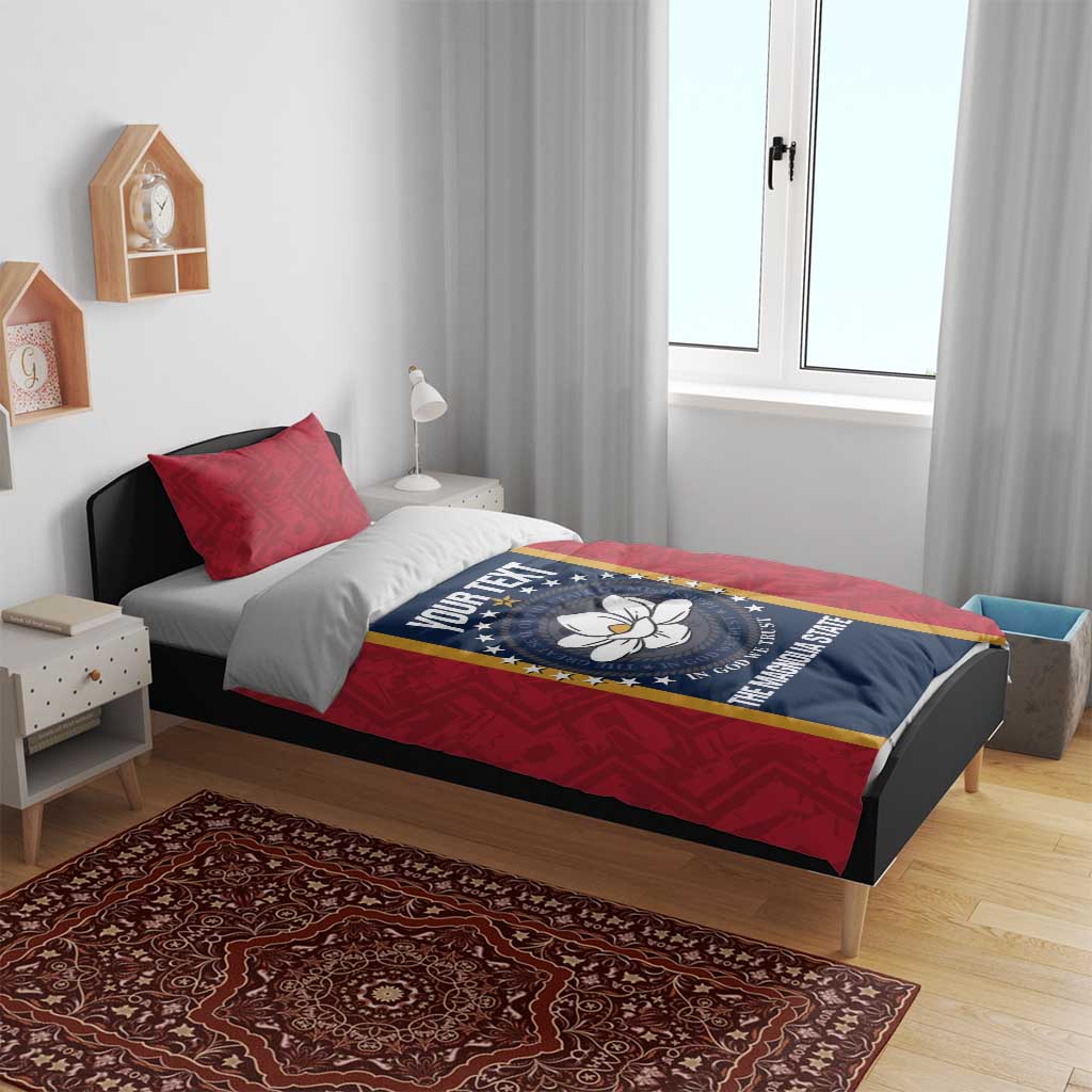 Red bed cover set with two matching pillows featuring blue circular state seal design