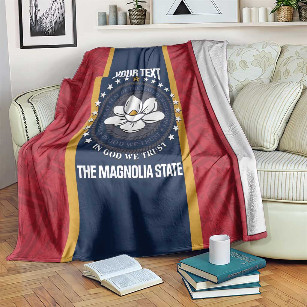 Flag-style throw blanket with red, navy, gold stripes and magnolia seal design