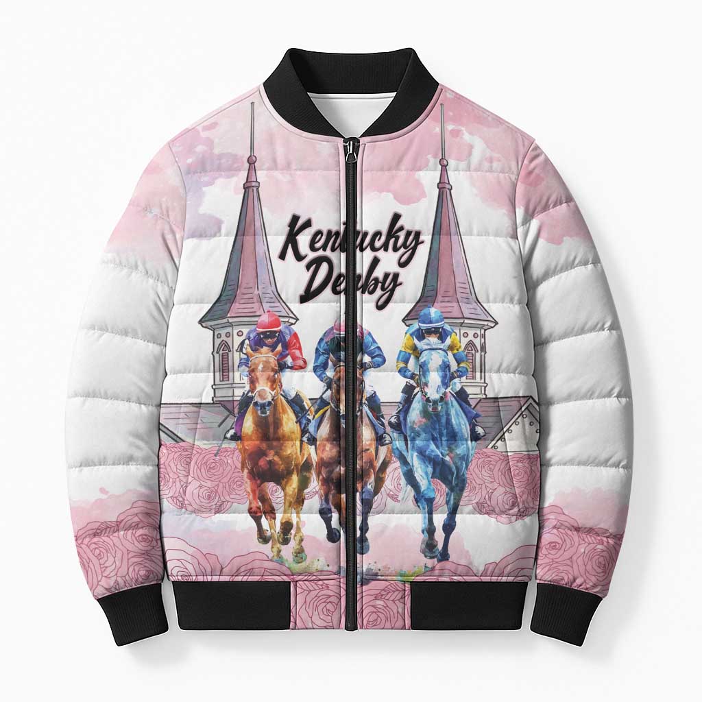 Kentucky Horse Racing Personalized Bomber Puffer Jacket Churchill Downs Roses Pastel Pink