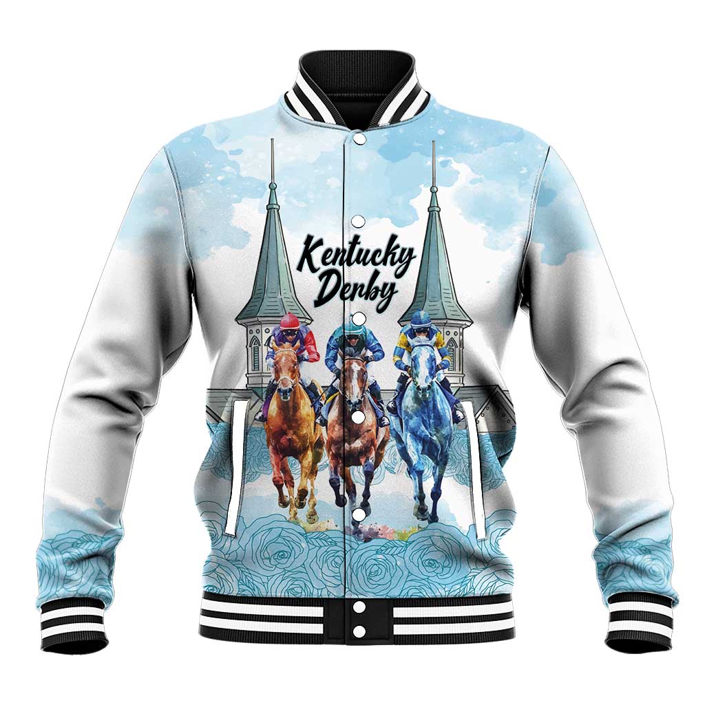 Kentucky Horse Racing Personalized Baseball Jacket Churchill Downs Roses Pastel Blue
