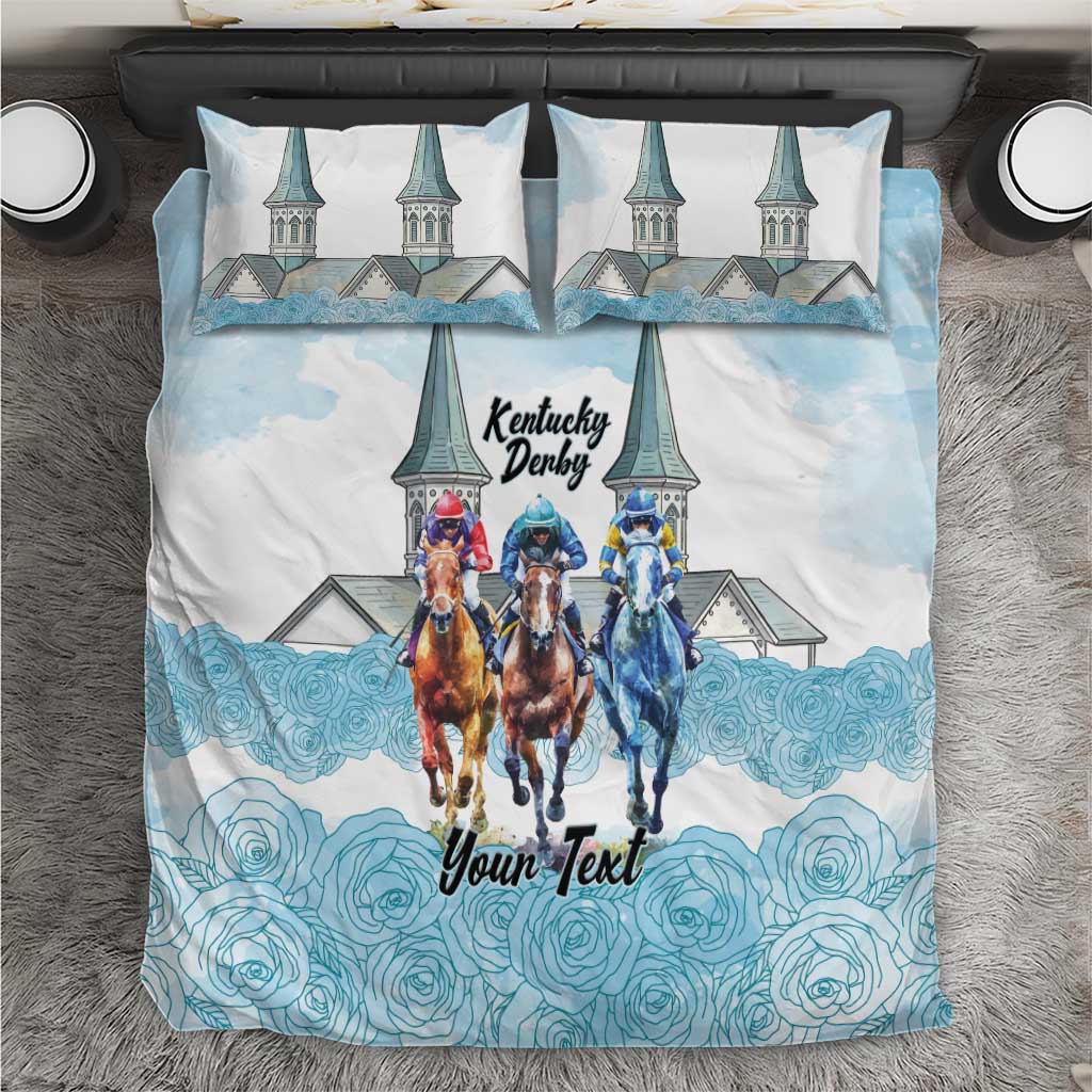 Kentucky Horse Racing Personalized Bedding Set Churchill Downs Roses Pastel Blue