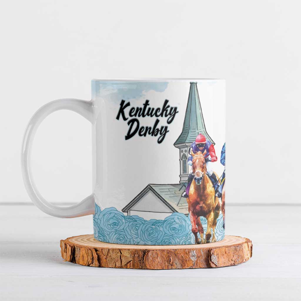 Kentucky Horse Racing Personalized Ceramic Mug Churchill Downs Roses Pastel Blue