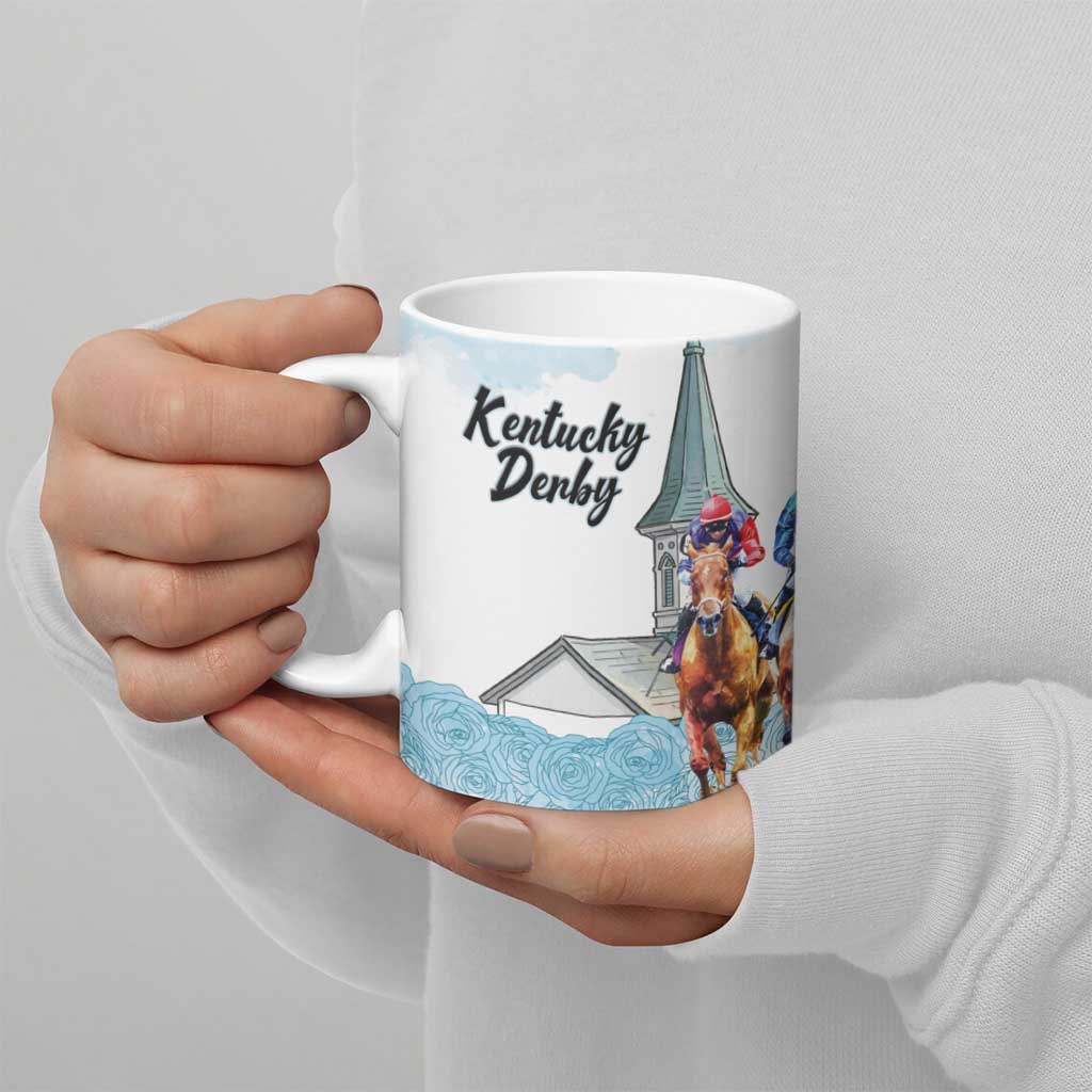 Kentucky Horse Racing Personalized Ceramic Mug Churchill Downs Roses Pastel Blue