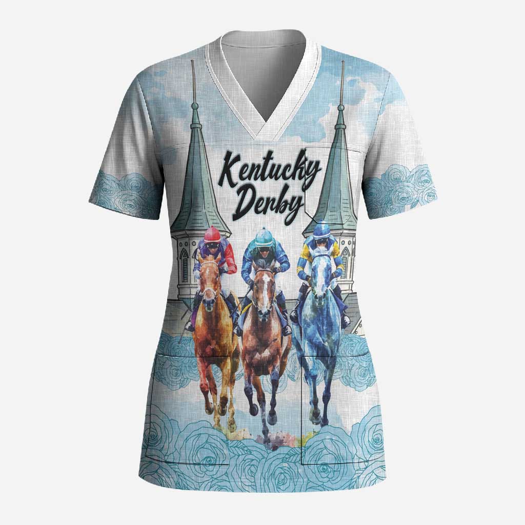 Kentucky Horse Racing Personalized Scrub Top Churchill Downs Roses Pastel Blue