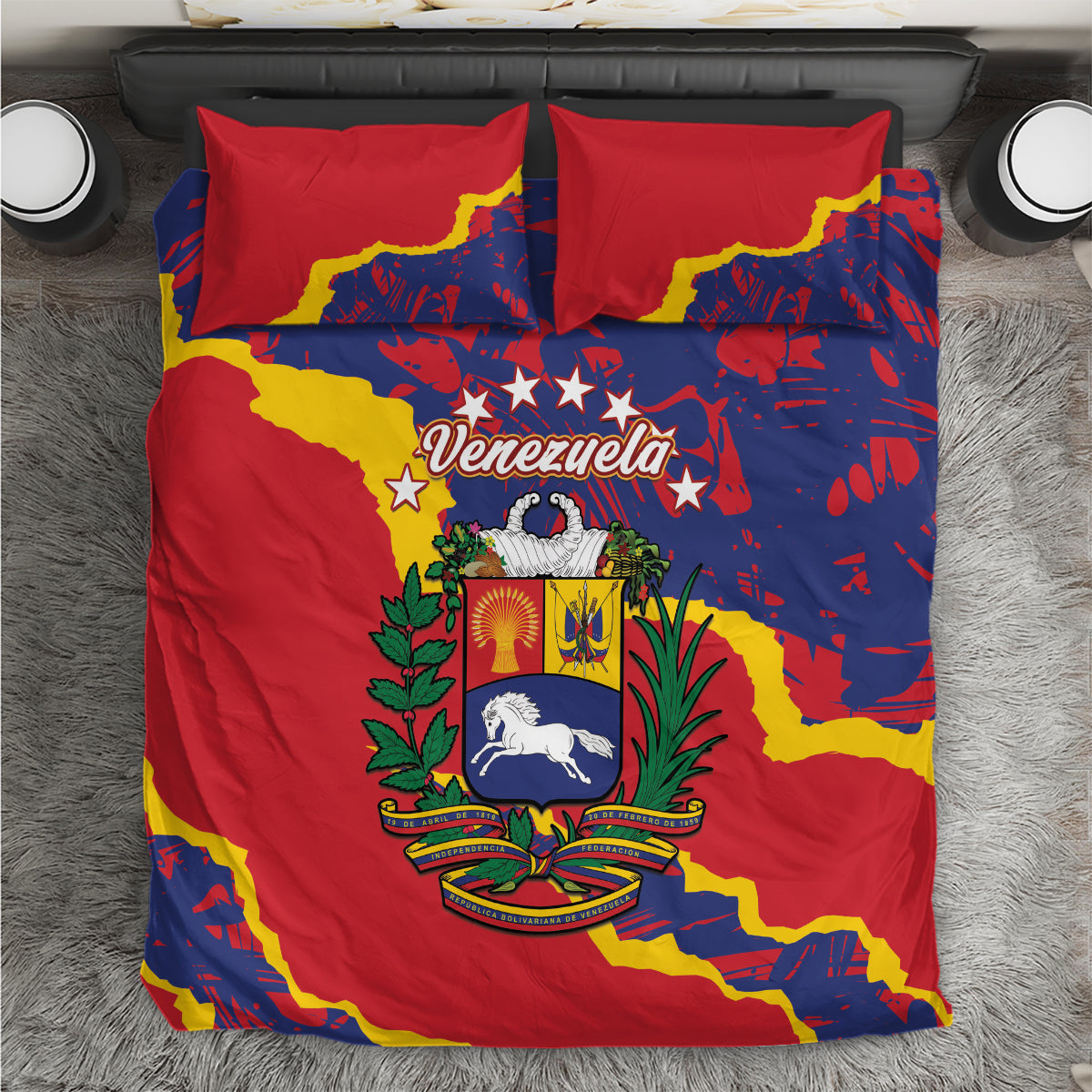 Venezuela-themed bedding set with red, blue, and yellow map design; two matching pillows