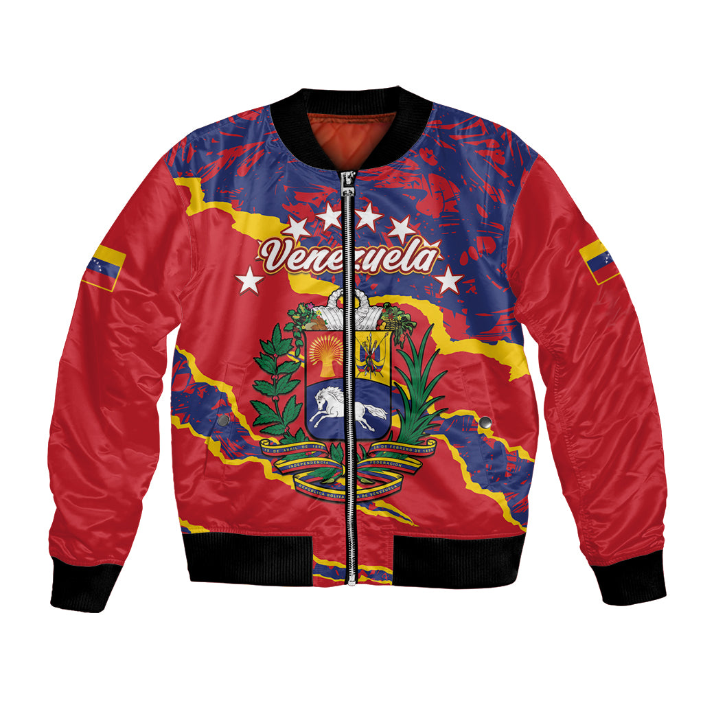 Red bomber jacket with Venezuela graphic, stars, zipper front, ribbed cuffs and hem