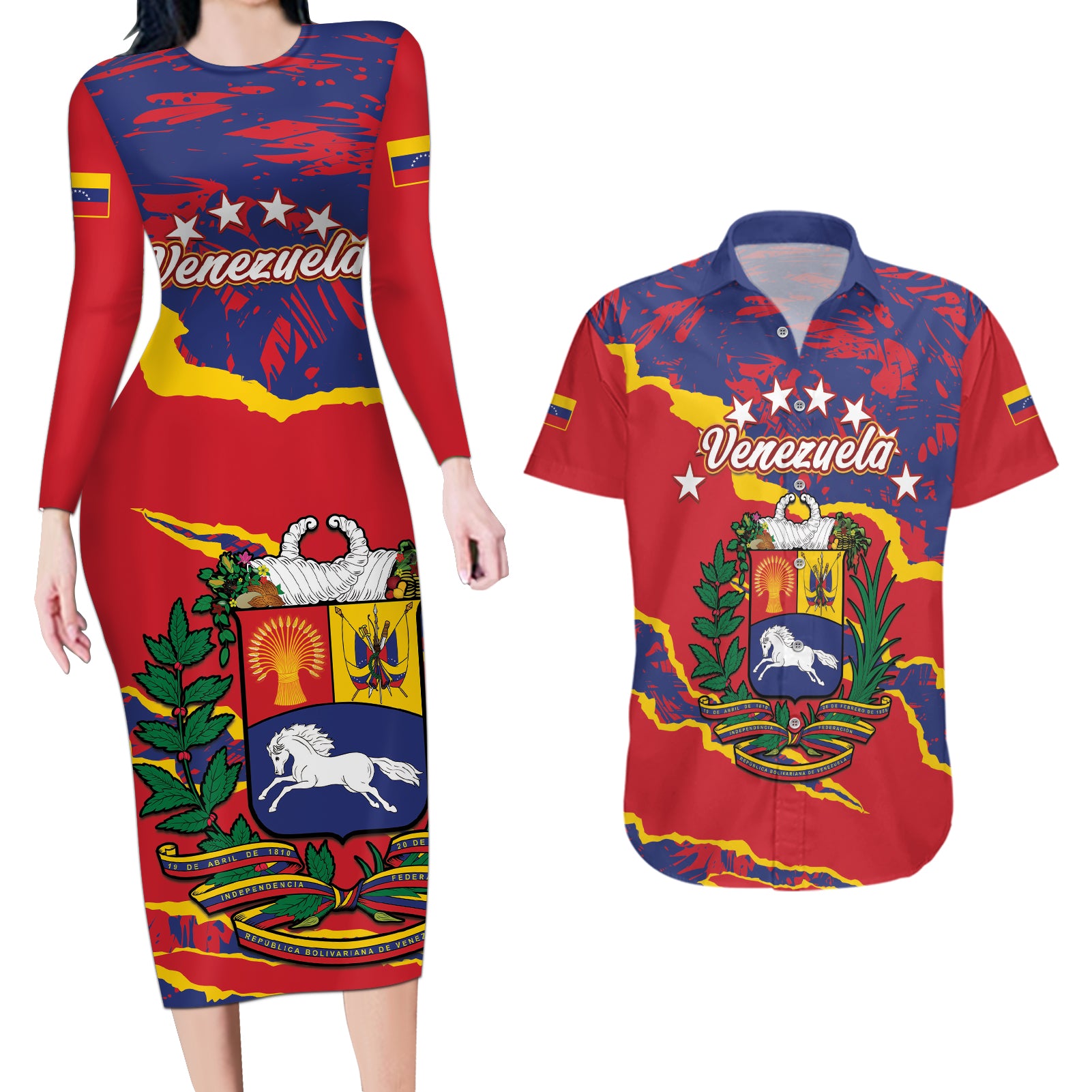 Venezuela Independence Day Couples Matching Long Sleeve Bodycon Dress and Hawaiian Shirt Feliz Dia de la Independencia Grunge Style - Wonder Print Shop