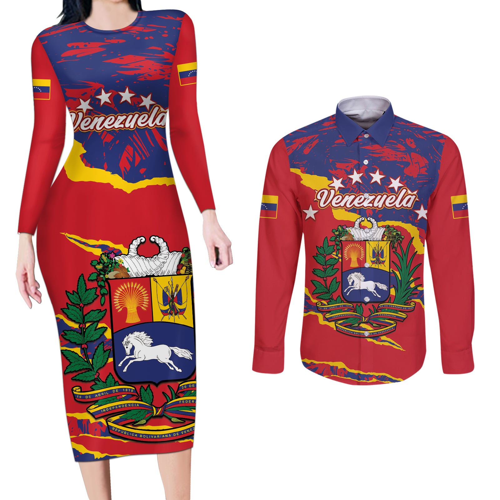 Venezuela Independence Day Couples Matching Long Sleeve Bodycon Dress and Long Sleeve Button Shirt Feliz Dia de la Independencia Grunge Style - Wonder Print Shop