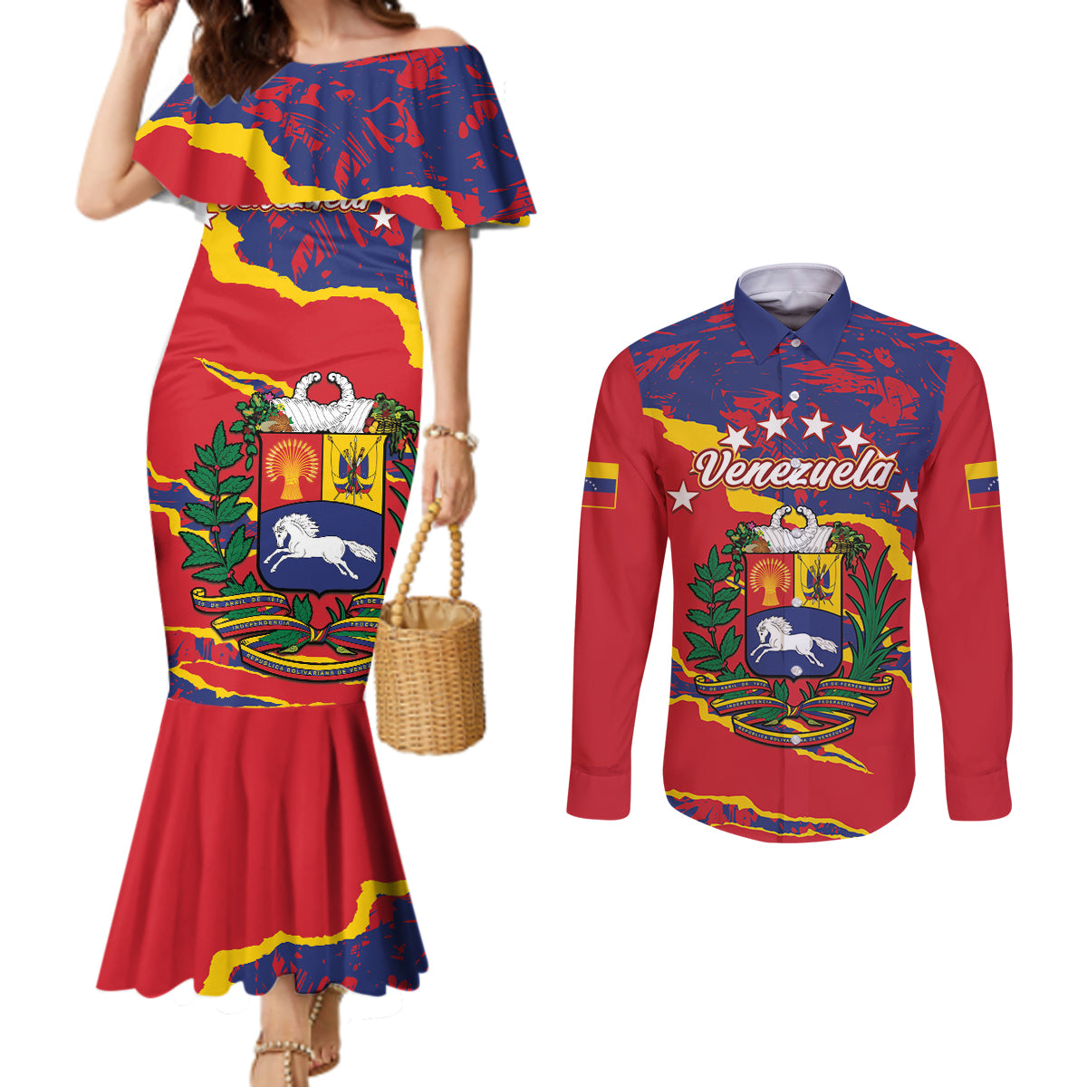 Venezuela Independence Day Couples Matching Mermaid Dress and Long Sleeve Button Shirt Feliz Dia de la Independencia Grunge Style