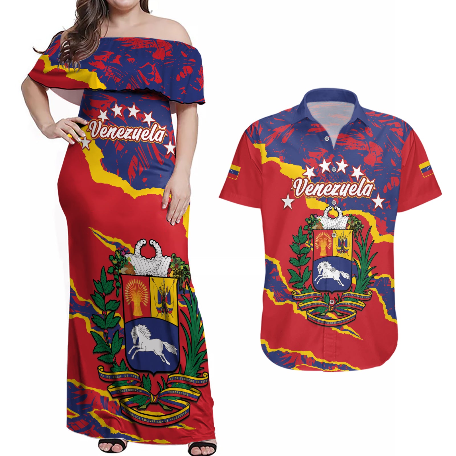 Venezuela Independence Day Couples Matching Off Shoulder Maxi Dress and Hawaiian Shirt Feliz Dia de la Independencia Grunge Style - Wonder Print Shop