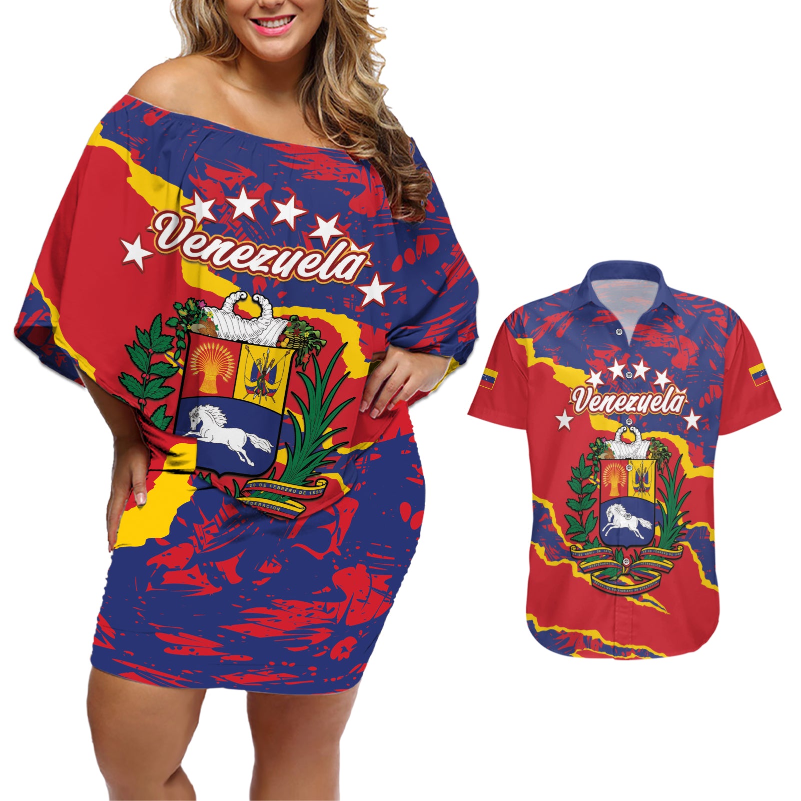 Venezuela Independence Day Couples Matching Off Shoulder Short Dress and Hawaiian Shirt Feliz Dia de la Independencia Grunge Style - Wonder Print Shop