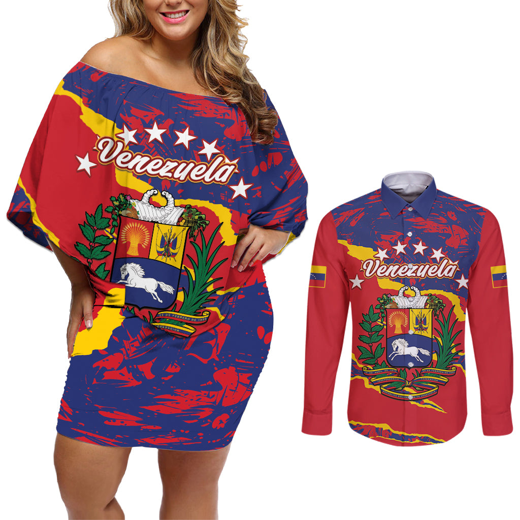 Venezuela Independence Day Couples Matching Off Shoulder Short Dress and Long Sleeve Button Shirt Feliz Dia de la Independencia Grunge Style - Wonder Print Shop