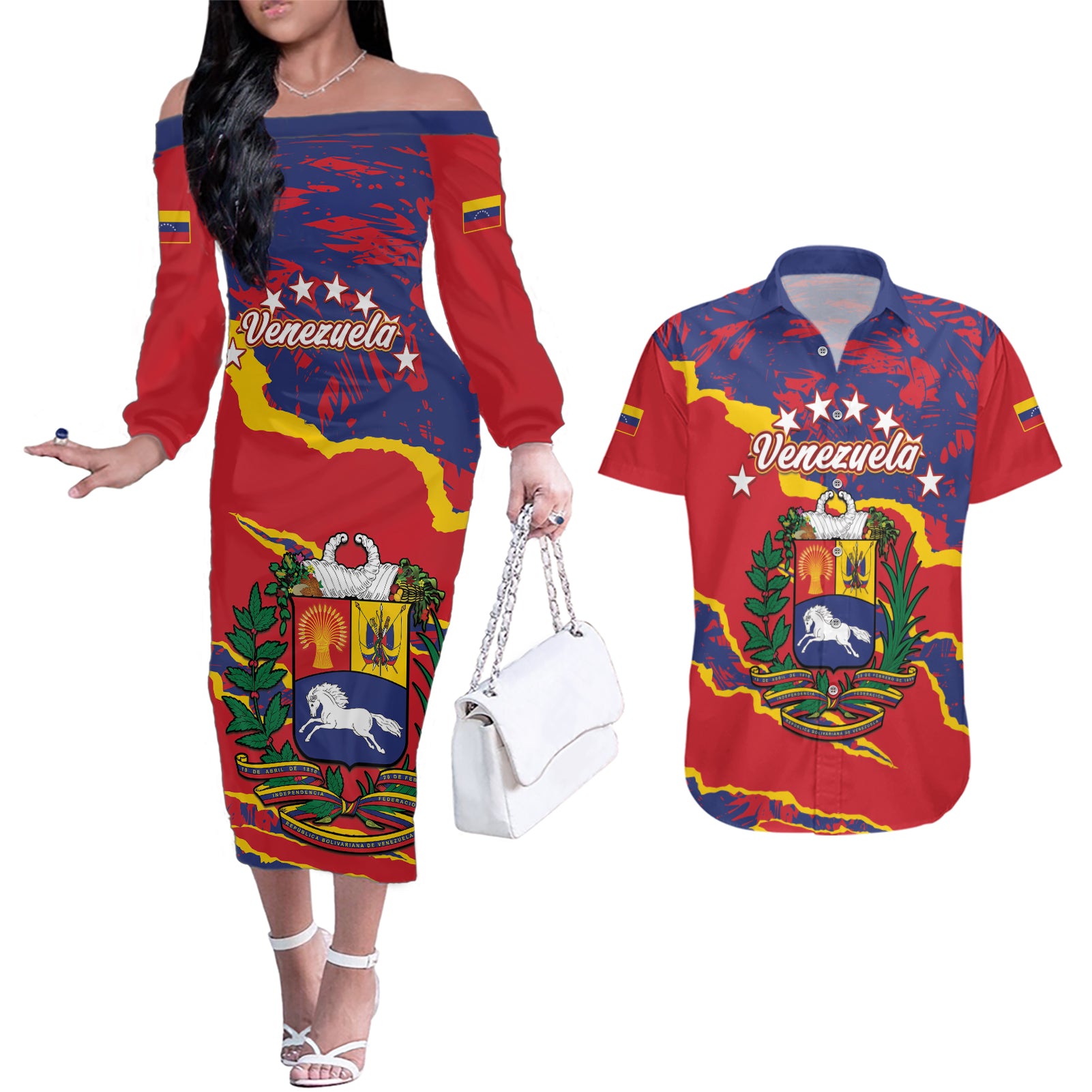 Venezuela Independence Day Couples Matching Off The Shoulder Long Sleeve Dress and Hawaiian Shirt Feliz Dia de la Independencia Grunge Style - Wonder Print Shop