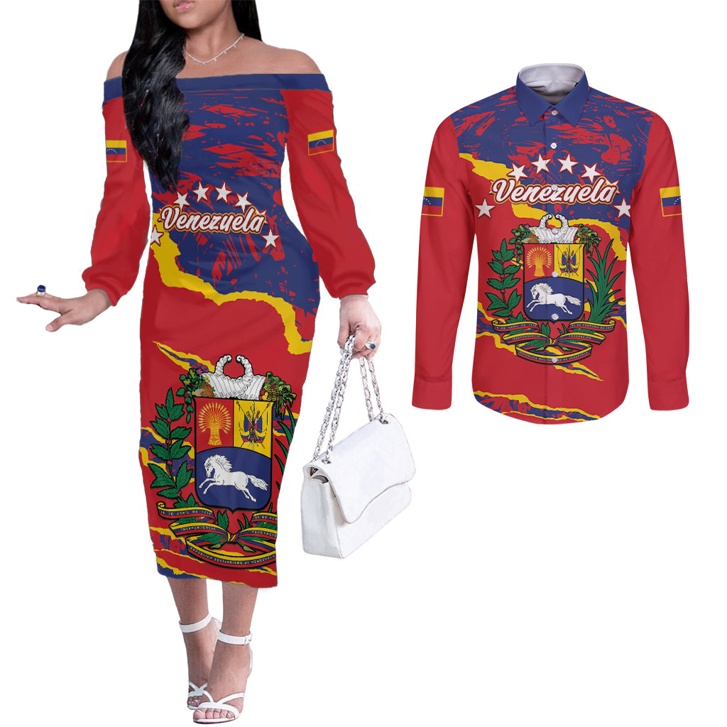 Venezuela Independence Day Couples Matching Off The Shoulder Long Sleeve Dress and Long Sleeve Button Shirt Feliz Dia de la Independencia Grunge Style