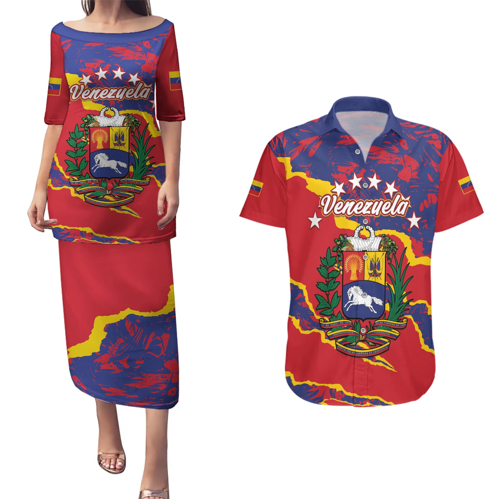 Venezuela Independence Day Couples Matching Puletasi and Hawaiian Shirt Feliz Dia de la Independencia Grunge Style - Wonder Print Shop