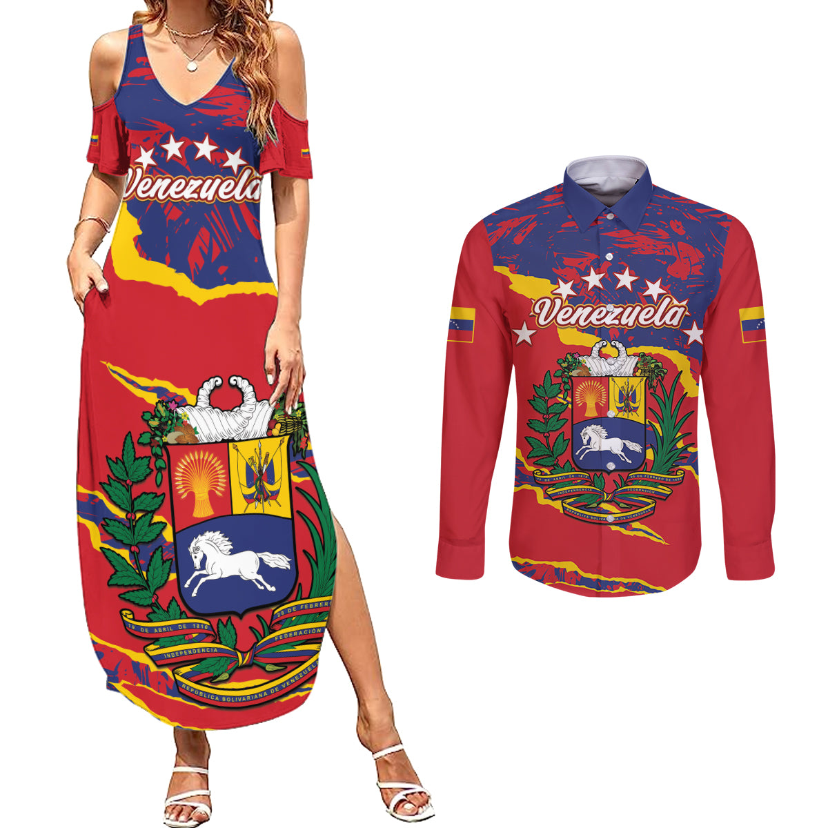 Venezuela Independence Day Couples Matching Summer Maxi Dress and Long Sleeve Button Shirt Feliz Dia de la Independencia Grunge Style - Wonder Print Shop