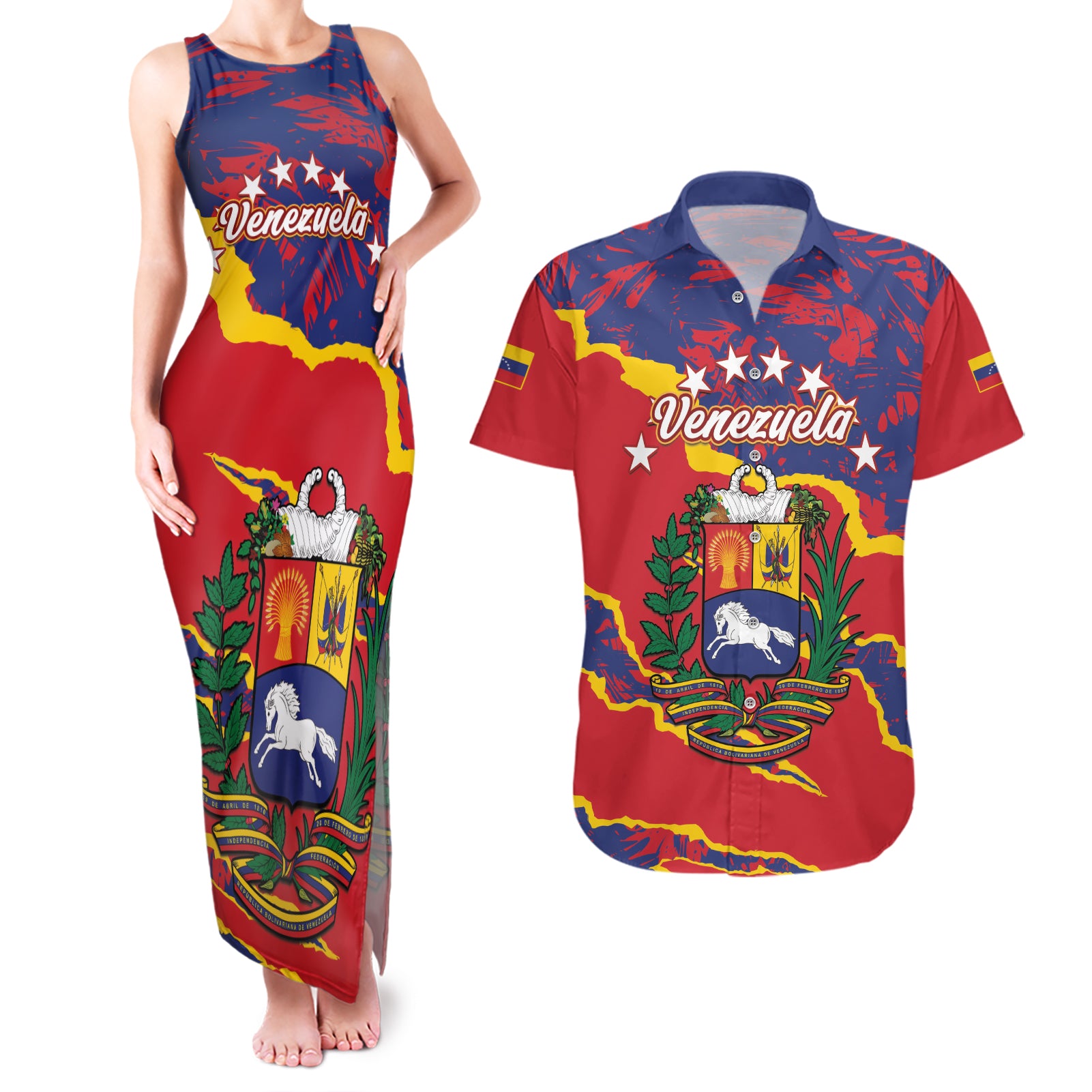 Venezuela Independence Day Couples Matching Tank Maxi Dress and Hawaiian Shirt Feliz Dia de la Independencia Grunge Style - Wonder Print Shop