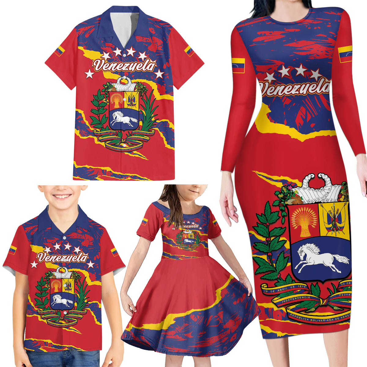 Venezuela Independence Day Family Matching Long Sleeve Bodycon Dress and Hawaiian Shirt Feliz Dia de la Independencia Grunge Style - Wonder Print Shop