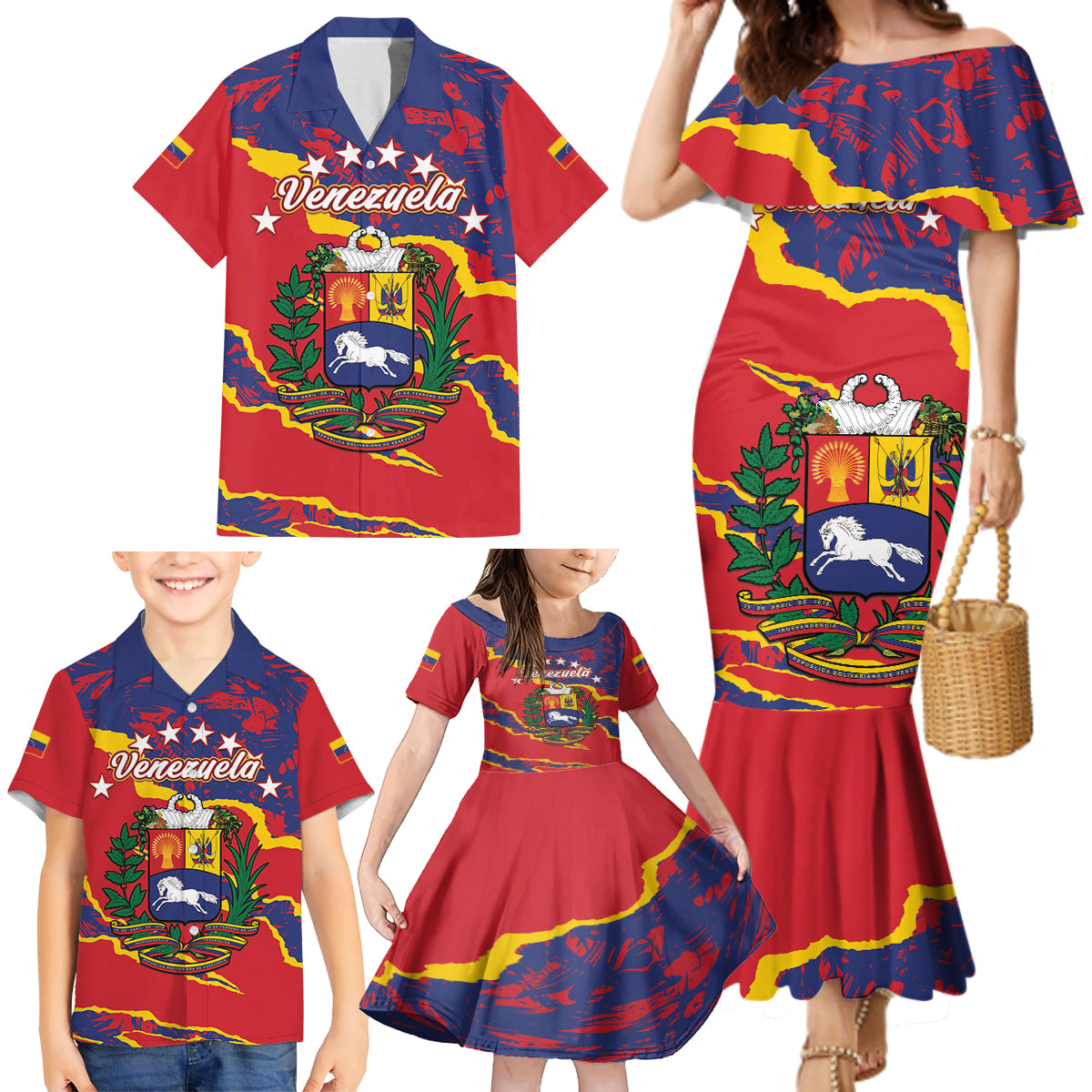 Venezuela Independence Day Family Matching Mermaid Dress and Hawaiian Shirt Feliz Dia de la Independencia Grunge Style - Wonder Print Shop