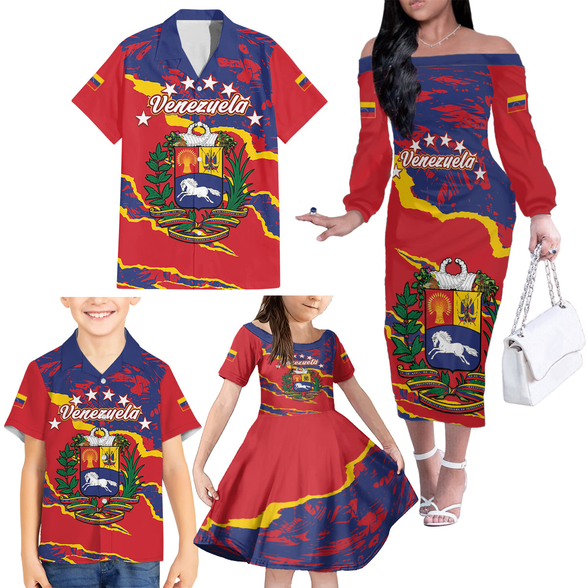 Venezuela Independence Day Family Matching Off The Shoulder Long Sleeve Dress and Hawaiian Shirt Feliz Dia de la Independencia Grunge Style - Wonder Print Shop