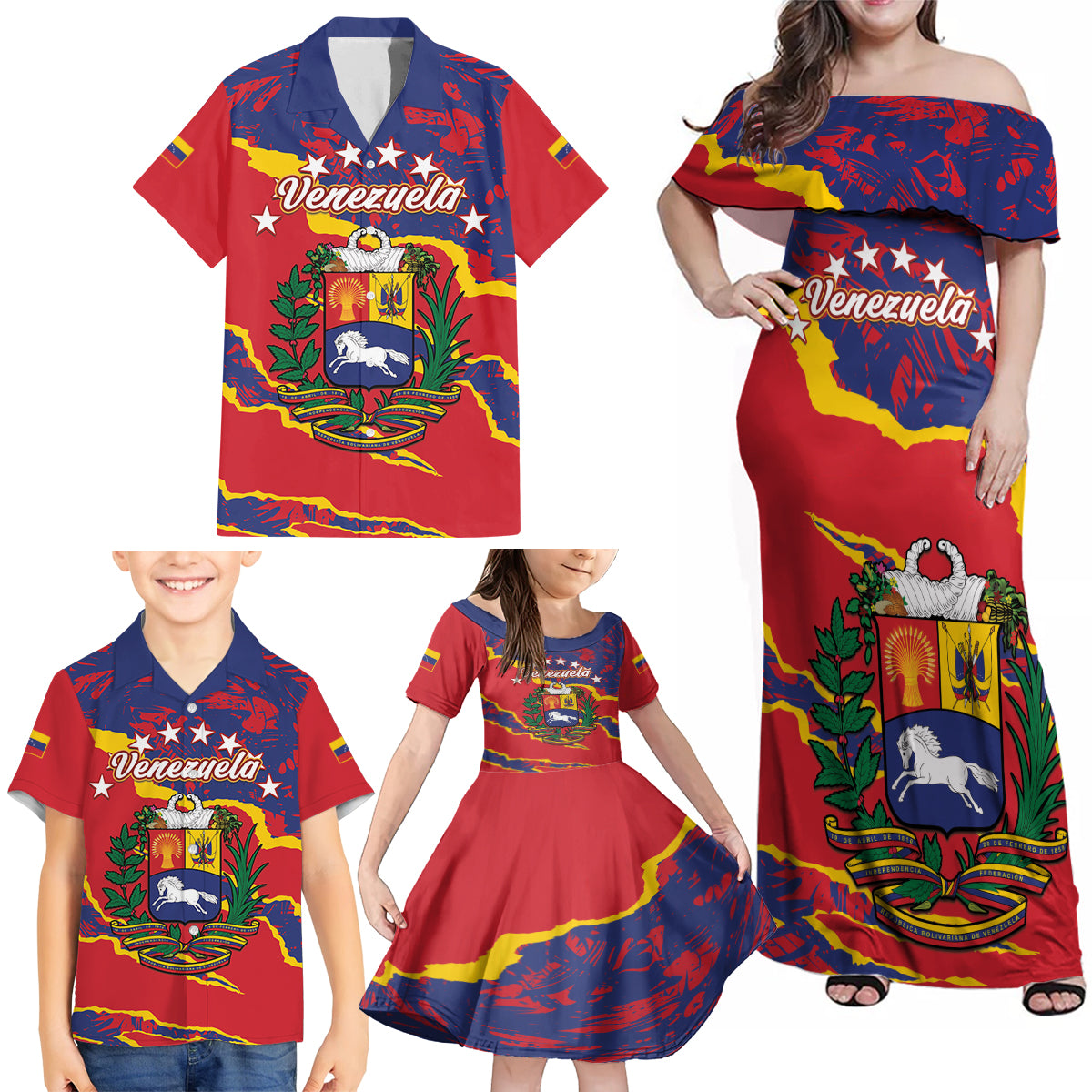 Venezuela Independence Day Family Matching Off Shoulder Maxi Dress and Hawaiian Shirt Feliz Dia de la Independencia Grunge Style - Wonder Print Shop