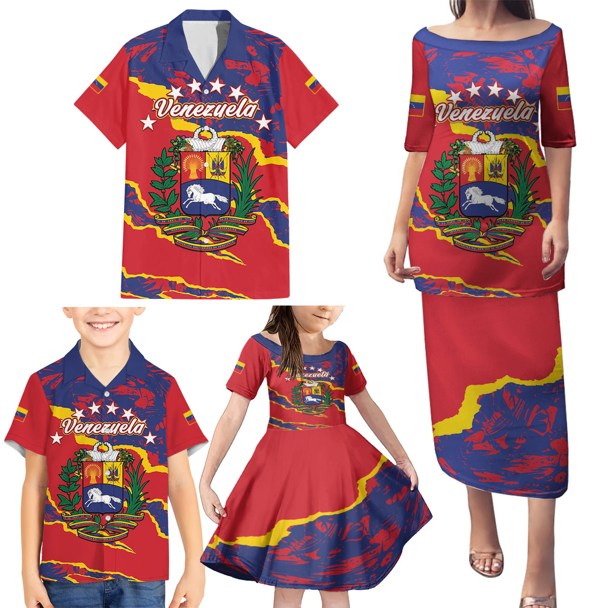 Venezuela Independence Day Family Matching Puletasi and Hawaiian Shirt Feliz Dia de la Independencia Grunge Style - Wonder Print Shop