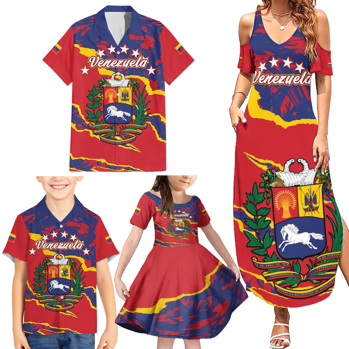 Venezuela Independence Day Family Matching Summer Maxi Dress and Hawaiian Shirt Feliz Dia de la Independencia Grunge Style - Wonder Print Shop