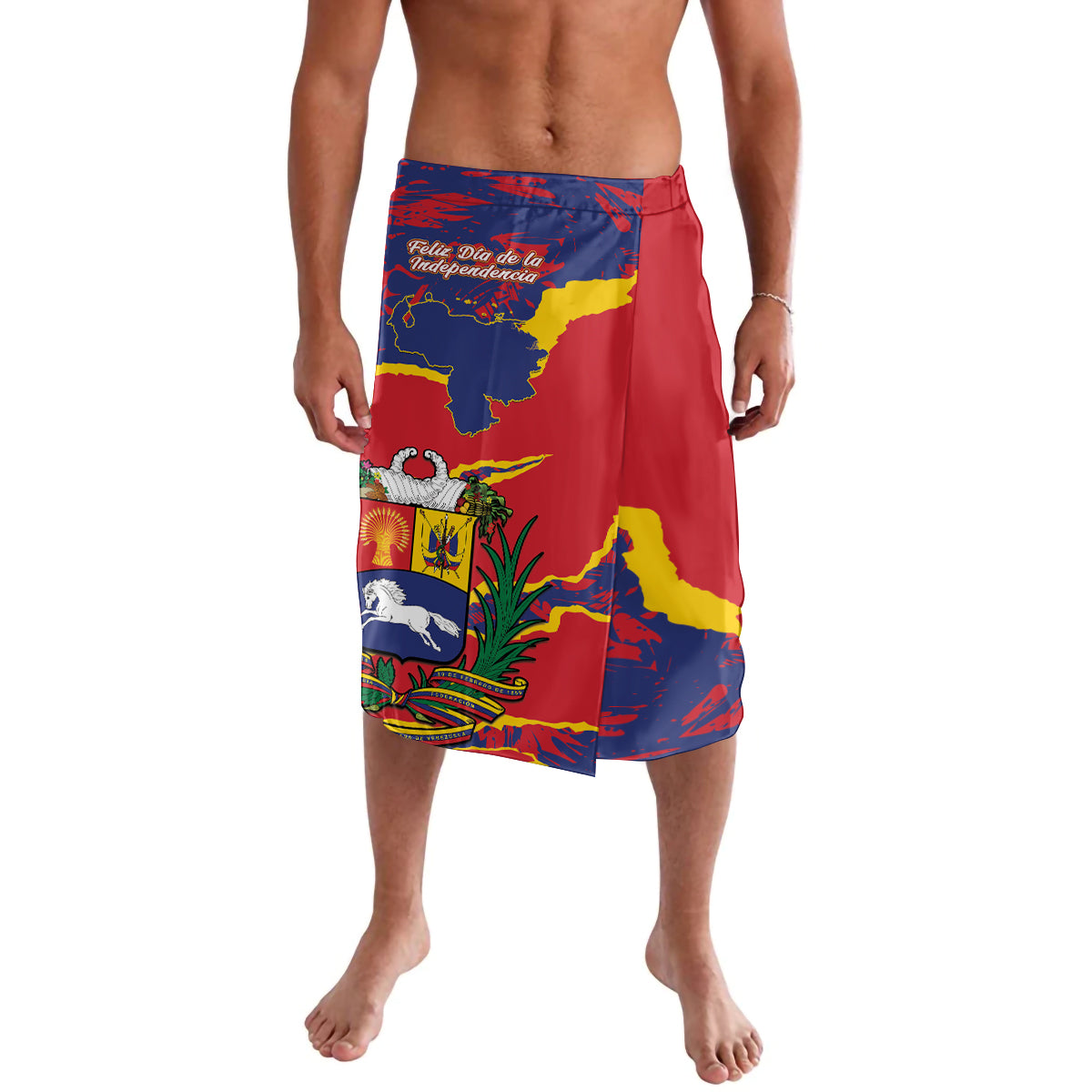 Men's red printed lavalava shorts with map graphic and floral accents