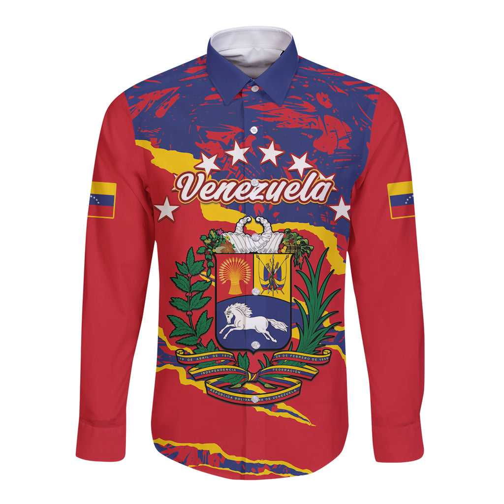 Unisex long sleeve button shirt, red with Venezuela crest graphic and blue stars