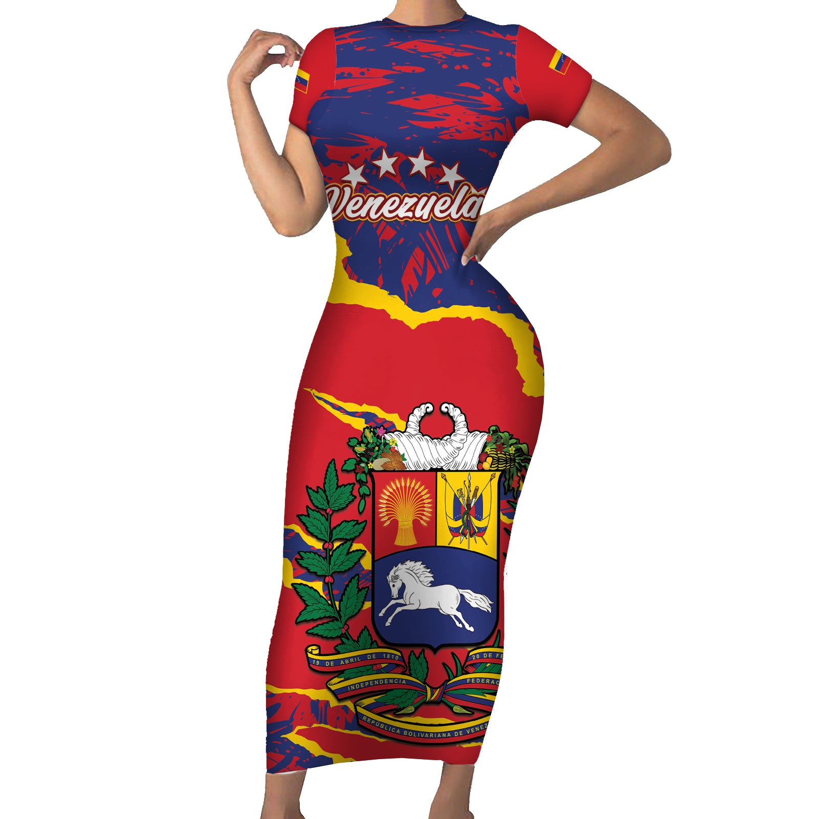 Venezuela Independence Day Short Sleeve Bodycon Dress Feliz Dia de la Independencia Grunge Style - Wonder Print Shop