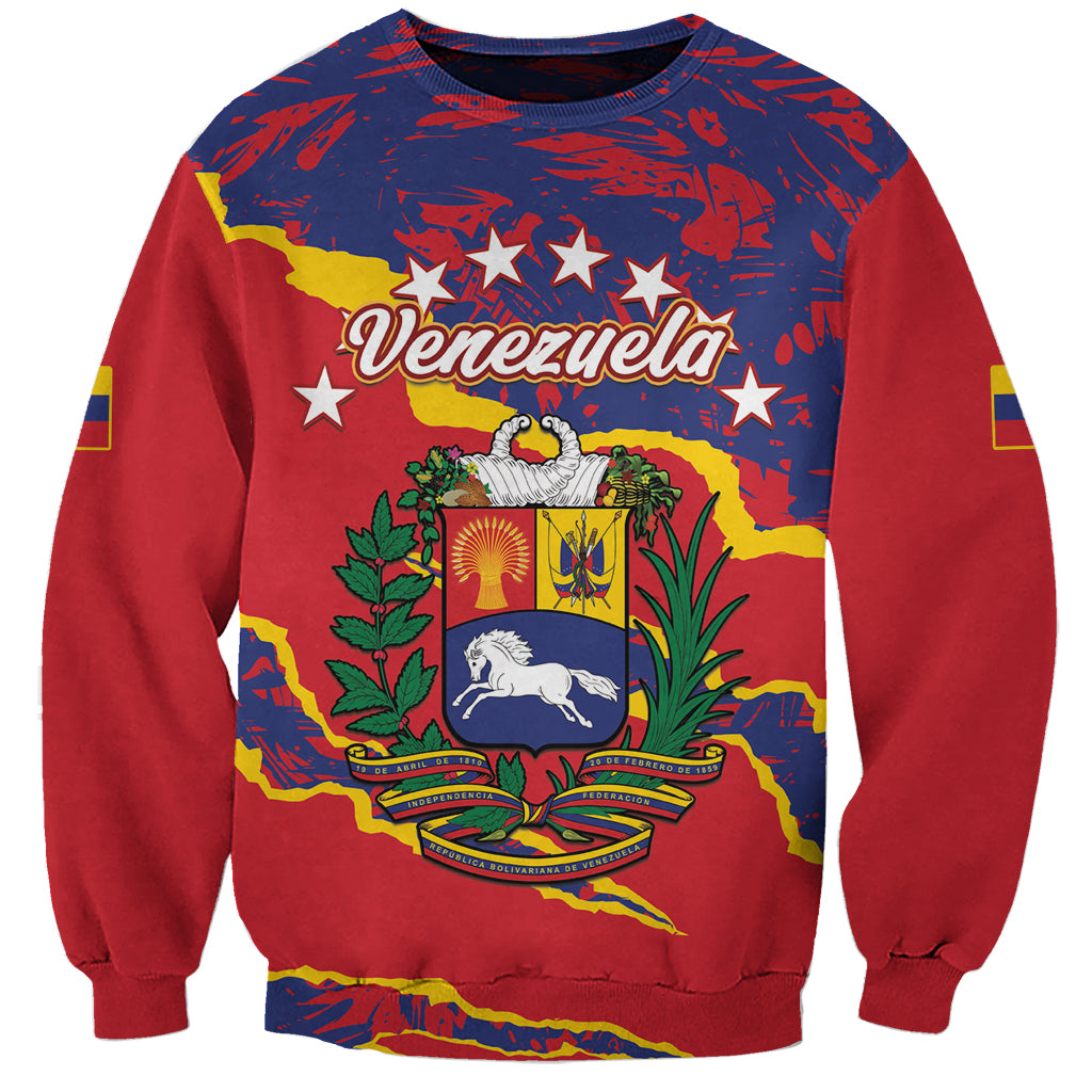 Red unisex sweatshirt with Venezuela coat of arms, stars, and grunge map print