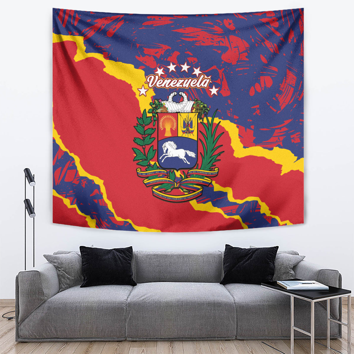 Venezuela-themed wall tapestry with grunge map, crest, and stars, red-blue-yellow design