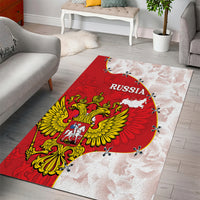Red and white Russia coat-of-arms area rug with eagle crest and RUSSIA lettering