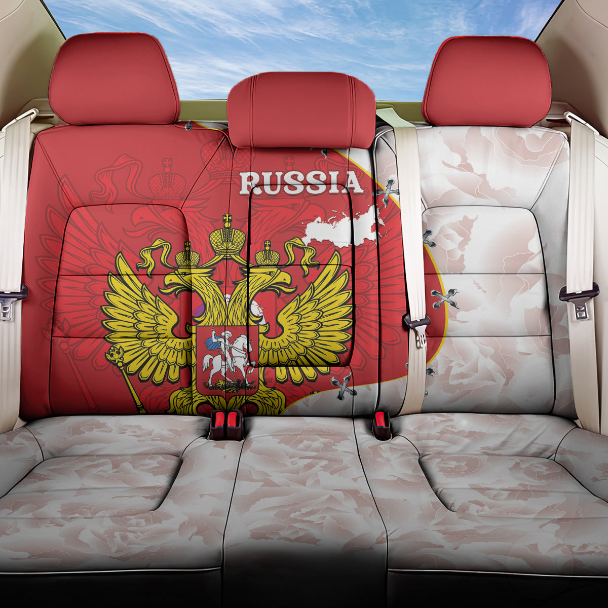 Russia Independence Day Back Car Seat Cover Coat Of Arms With Map - Wonder Print Shop