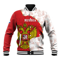 Red and white baseball jacket with striped rib collar, front crest and map graphic