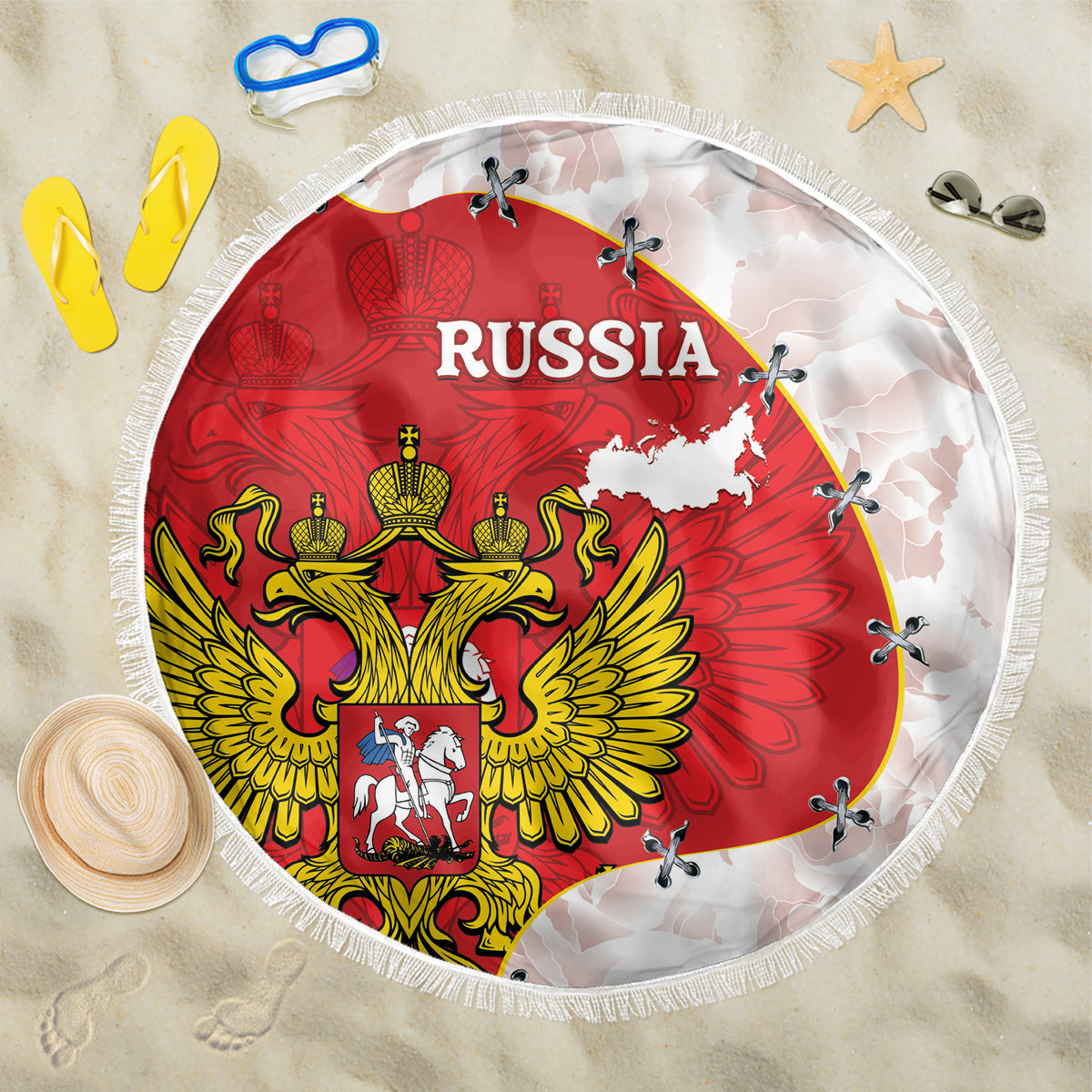 Round beach blanket with Russia flag map print and fringed edge, red and white