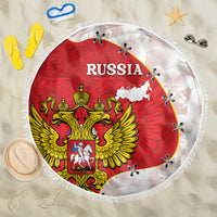 Round beach blanket with Russia flag map print and fringed edge, red and white
