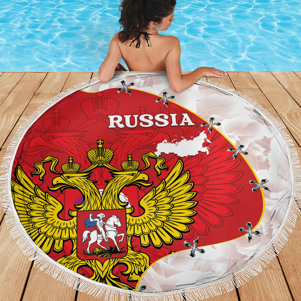 Round beach blanket with Russia coat of arms and map print, fringed circular edge