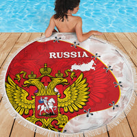 Round beach blanket with Russia coat of arms and map print, fringed circular edge