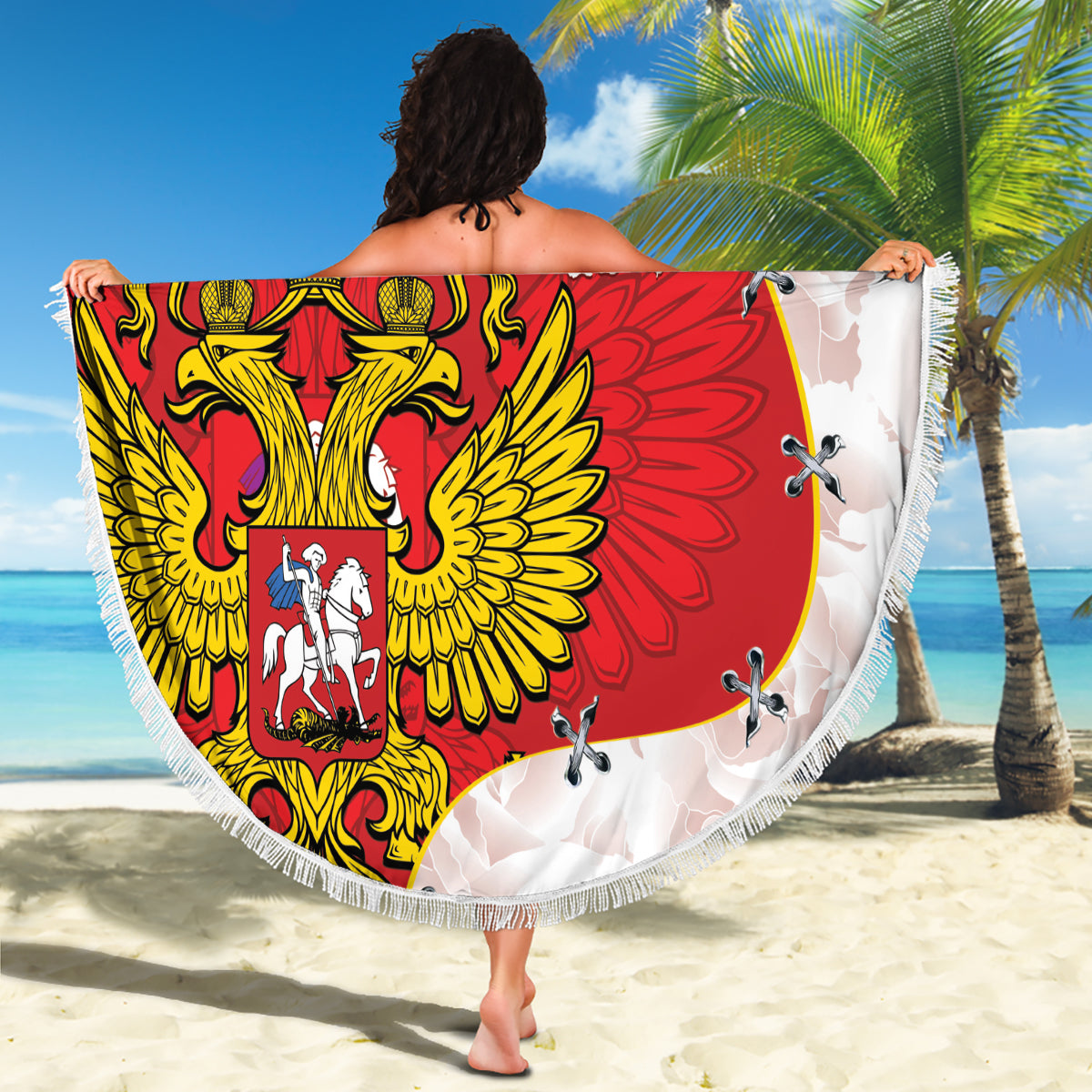 Round beach blanket draped in front view, Russia coat of arms and map print, fringe