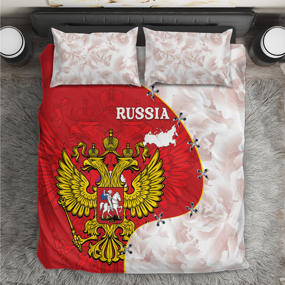 Red and white Russia coat of arms bedding set with map, includes 2 pillowcases