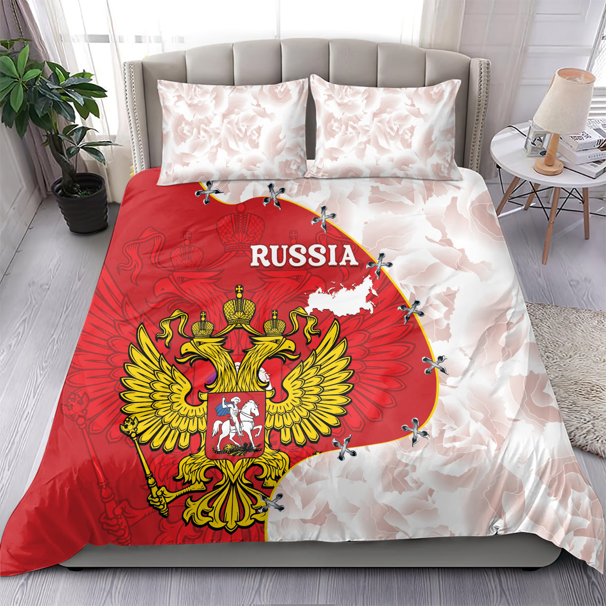 Red duvet and white pillowcases bedding set with Russia coat of arms map center print
