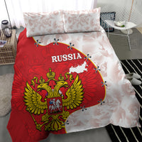 Top view red and white Russia coat of arms bedding set with map, includes 2 pillows