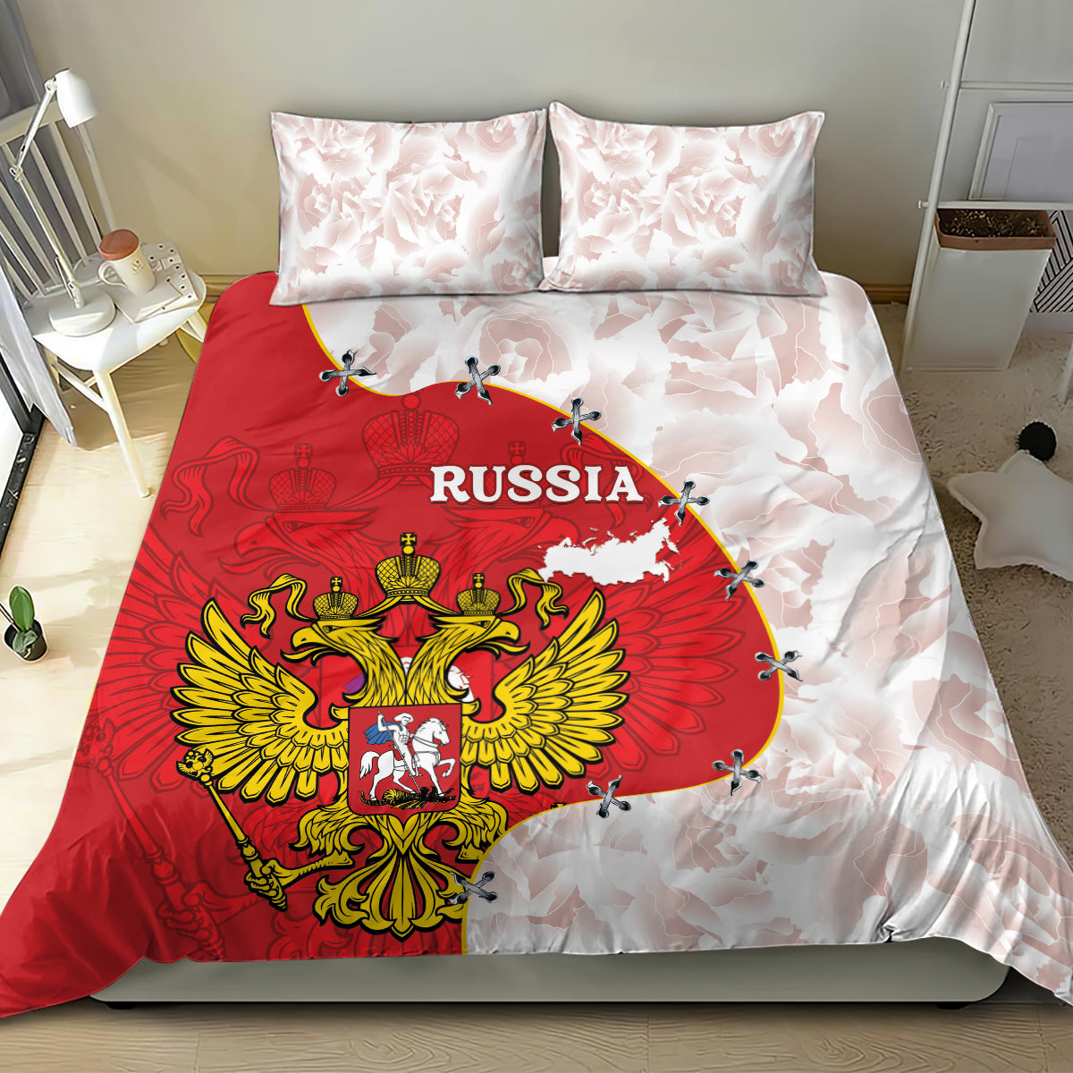 Red duvet and white pillowcases bedding set with Russia coat of arms map design