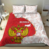 Red duvet and white pillowcases bedding set with Russia coat of arms map design